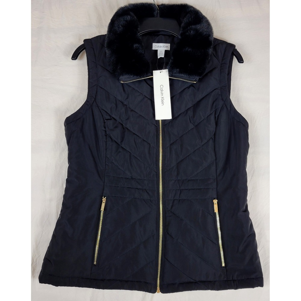 Calvin Klein Black Chevron Quilted Puffer Vest Faux Fur Collar M2XT7492 Small